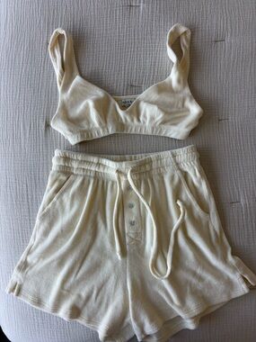 DONNI. Cream Bralette & Drawstring Shorts Terry Lounge Set